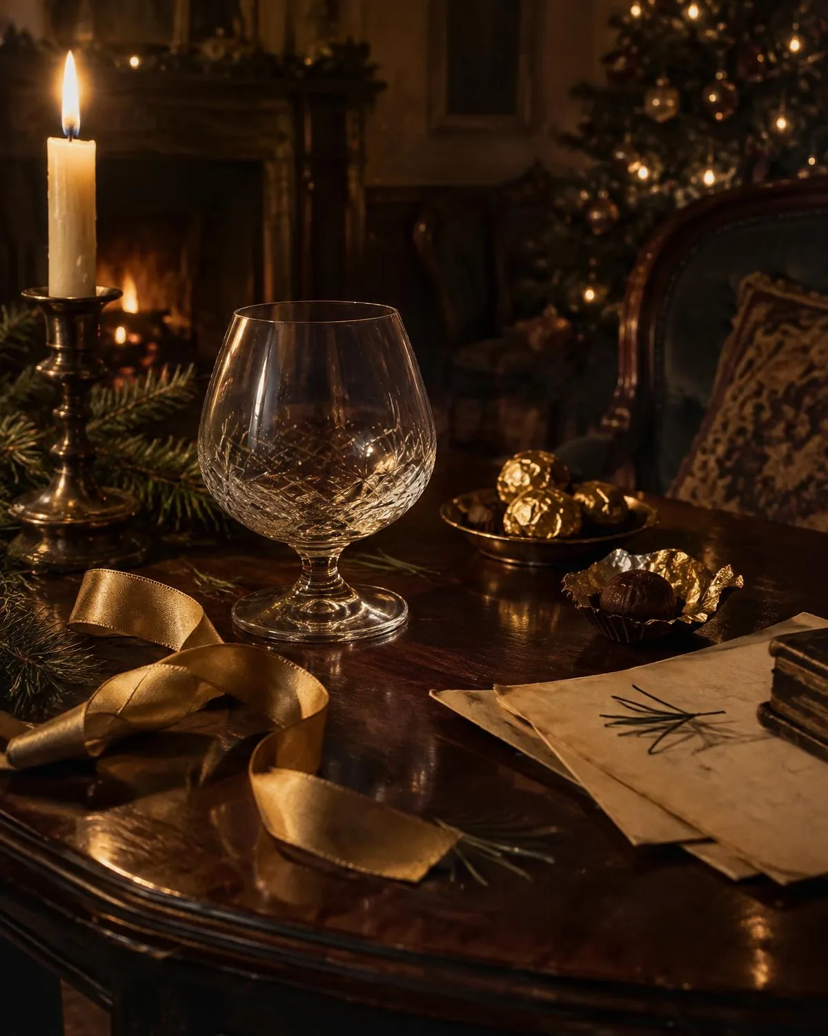 Een leeg cognacglas met een gouden lint en bonbons in goudpapier
