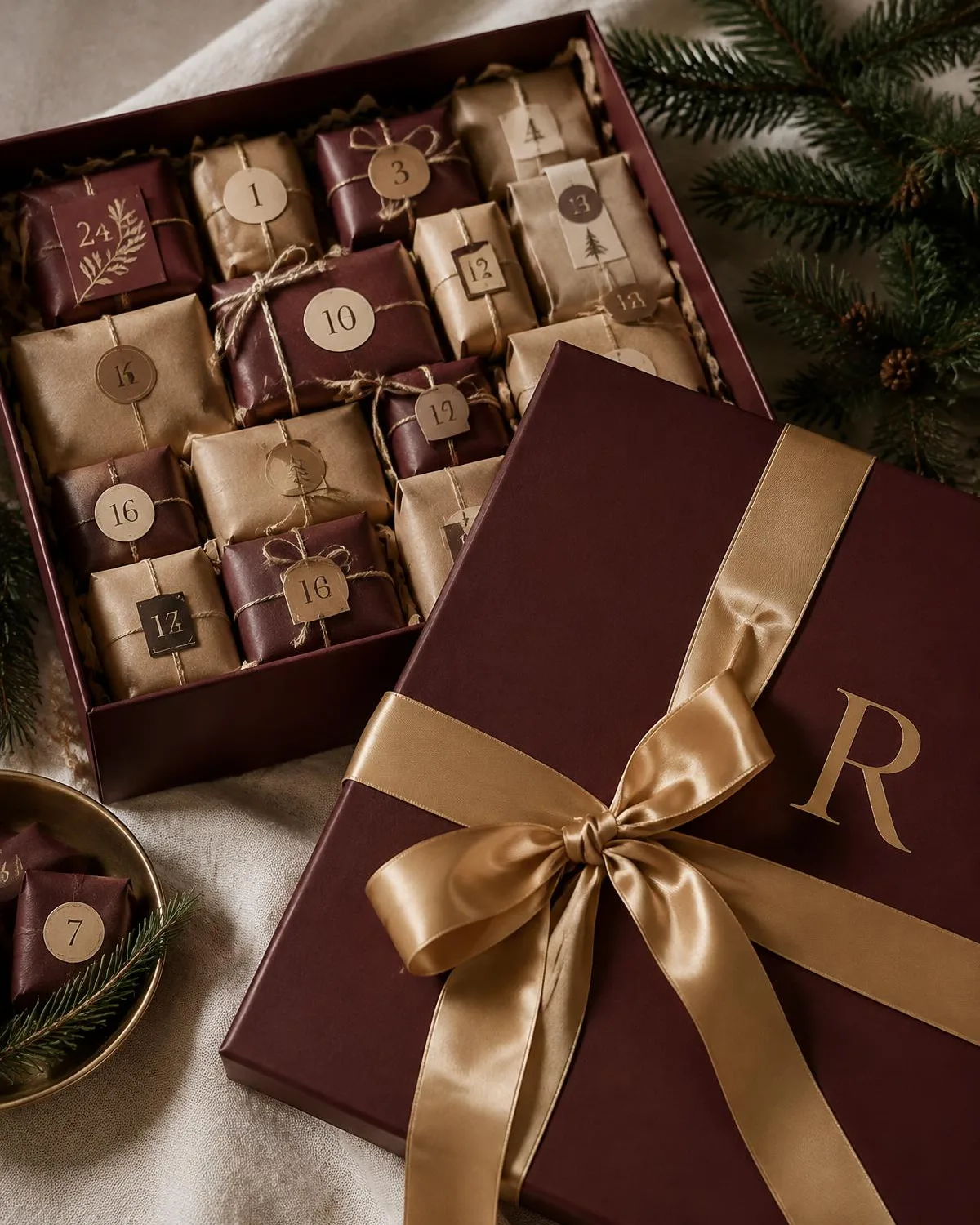 Een bordeaux doos met gouden R en lint, vol genummerde ingepakte cadeautjes