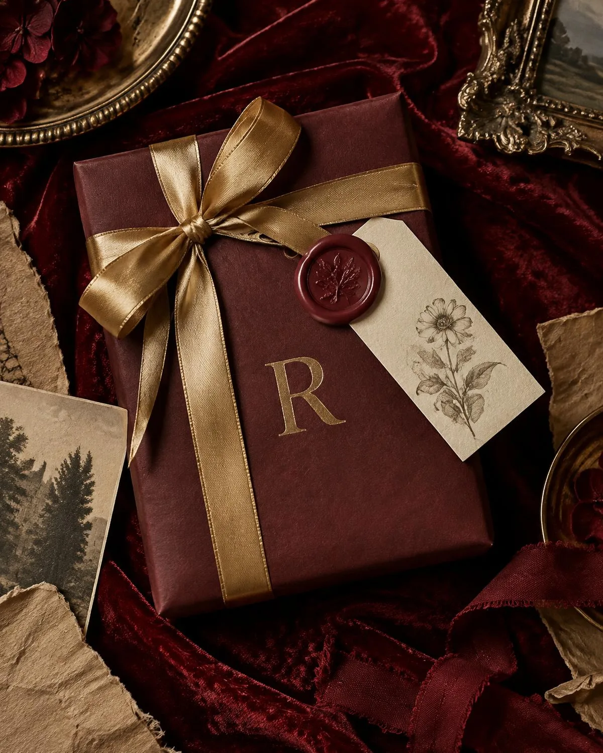 Een cadeau in bordeaux papier met gouden lint en lakzegel