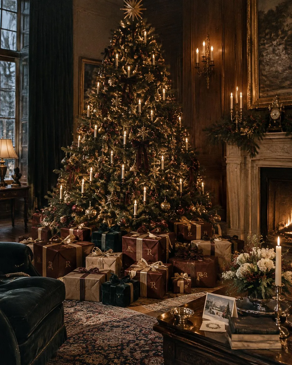 Een kerstboom in een herenhuis met bordeaux cadeaus en een gouden monogram R