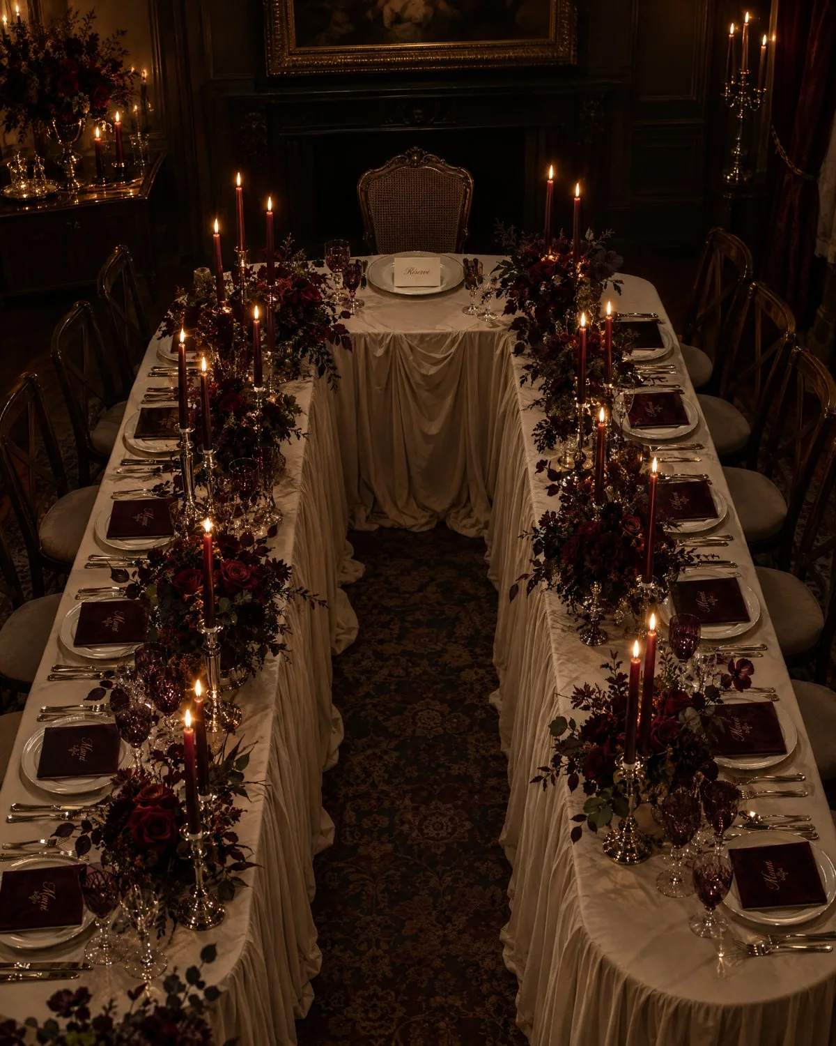 Lange tafel bij kaarslicht met de lege Réservé-stoel
